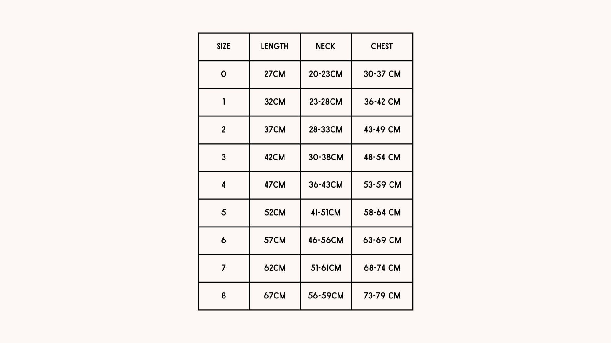 Measurement chart for neck sizes with size labels and corresponding measurements in centimeters.